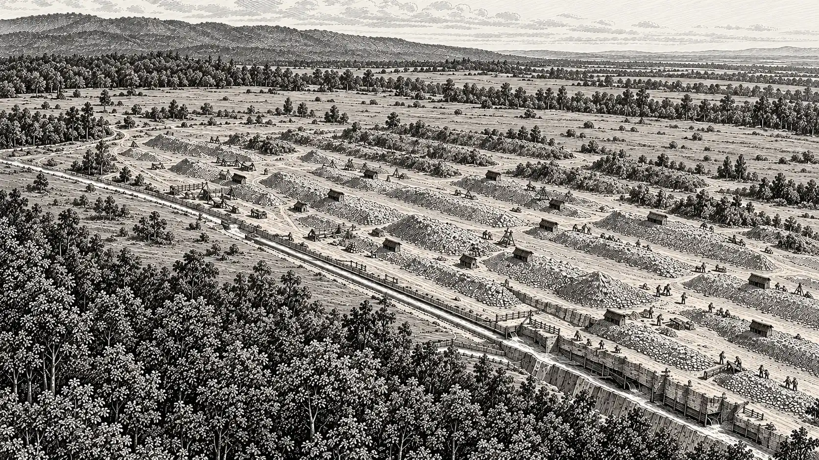 La miniera d'oro della Bessa al lavoro nel I secolo a.C., vista dall'alto: file di cumuli di ciottoli lavati con le capanne dei minatori, il canale dell'acqua e il fronte di scavo lungo il bosco, le file più antiche coperte di cespugli, il terrazzo intatto e il crinale boscoso in lontananza.